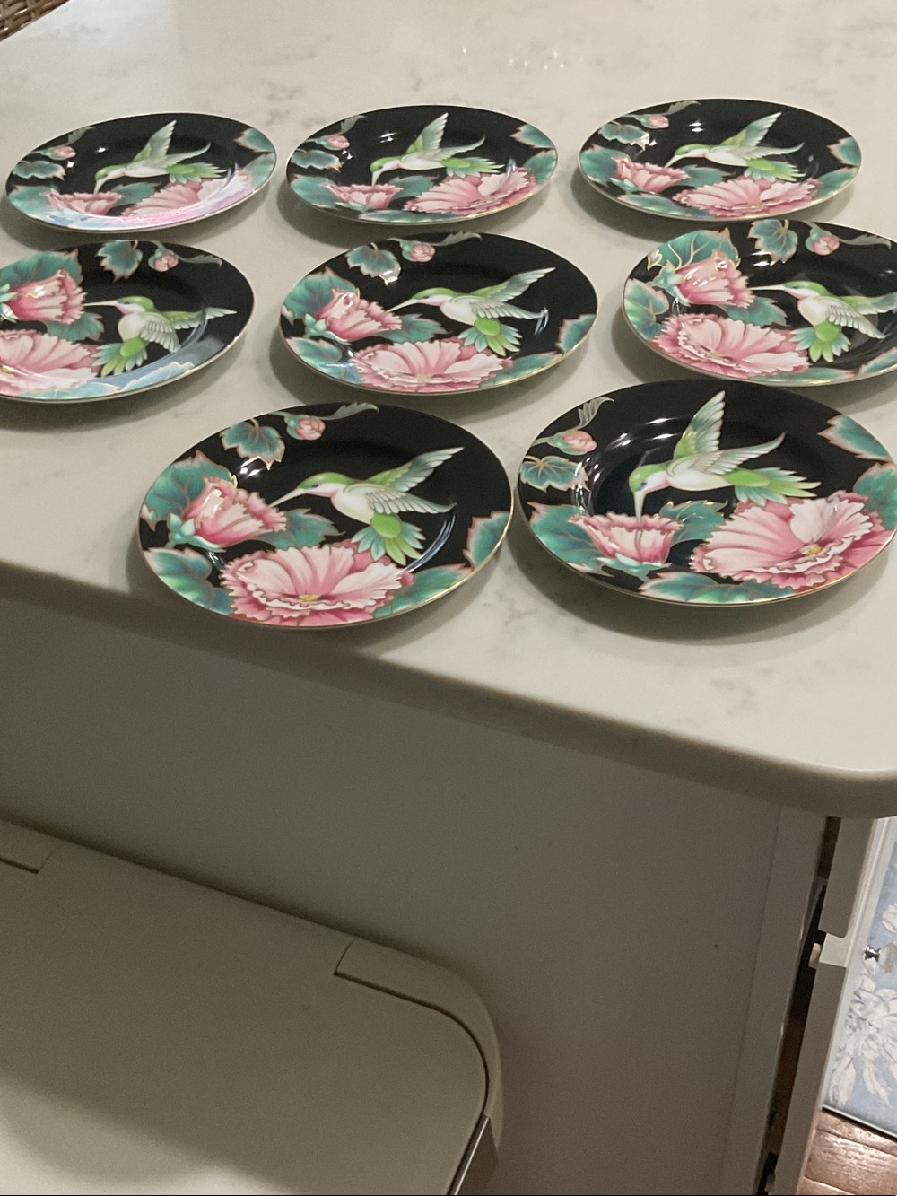 Floral Hummingbird Dessert Plates - Black & Pink (Set of 8)